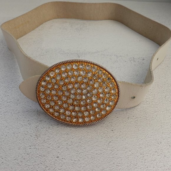 VINTAGE Big Oval Belt Womens Small White Real Leather Rhinestone Buckle Sparkle
